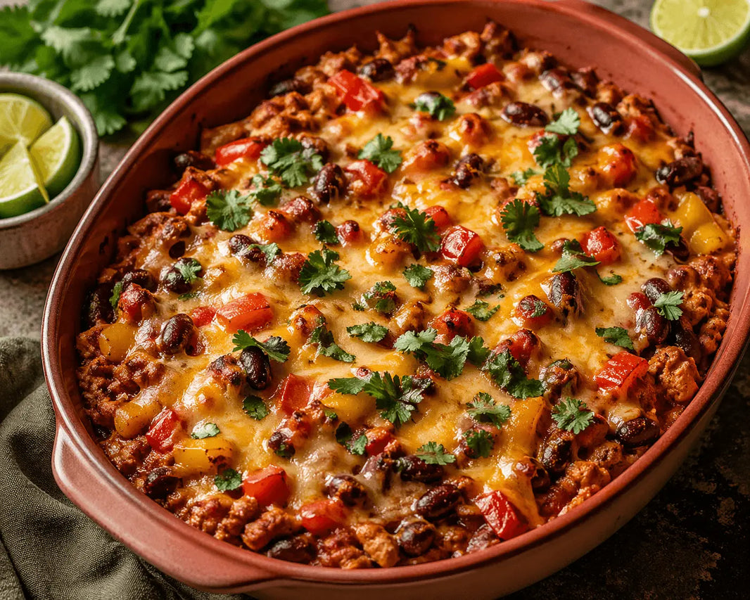 Mexicaanse ovenschotel met kipgehakt, chorizo, kidneybonen en gesmolten kaas in een rode ovenschaal — koolhydraatarm recept van Makkelijk Afvallen