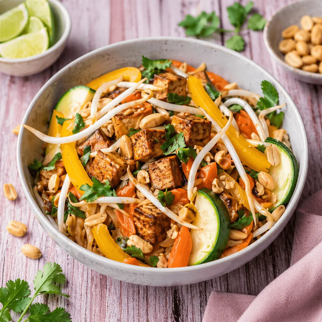  Tofu Pad Thai met courgetti, winterpeen, paksoi en pinda's in een witte kom — koolhydraatarm vegetarisch recept van Makkelijk Afvallen