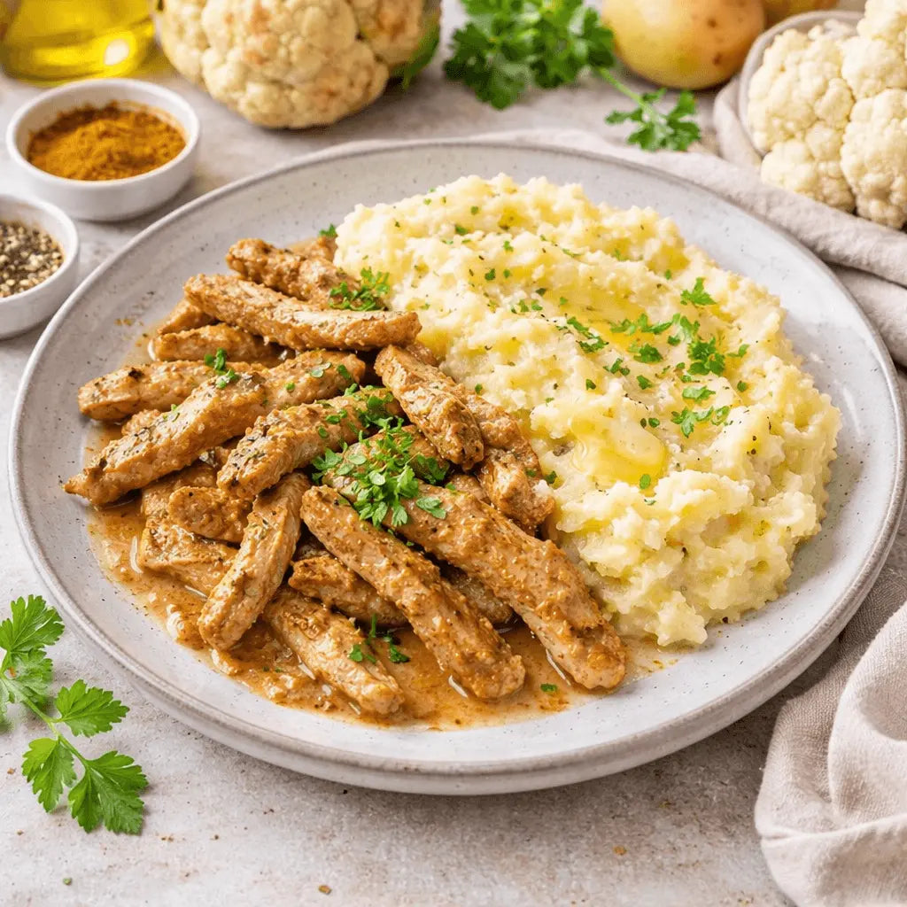 Gegrilde varkensfiletreepjes met knolselderpuree en kerriebloemkool op een bord — koolhydraatarm recept van Makkelijk Afvallen