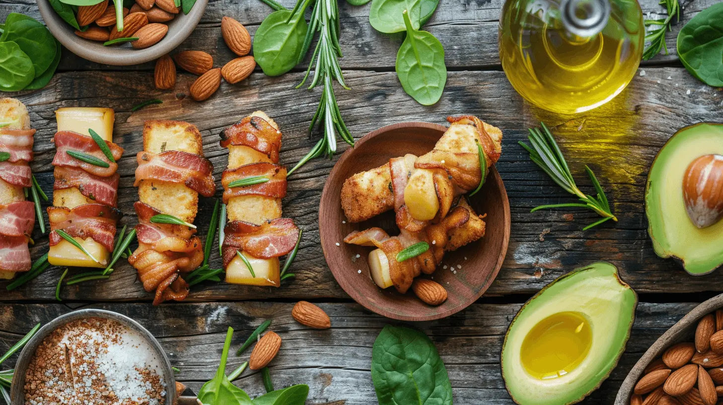 Keto recepten collectie flat lay met kaasstengels avocado en verse kruiden
