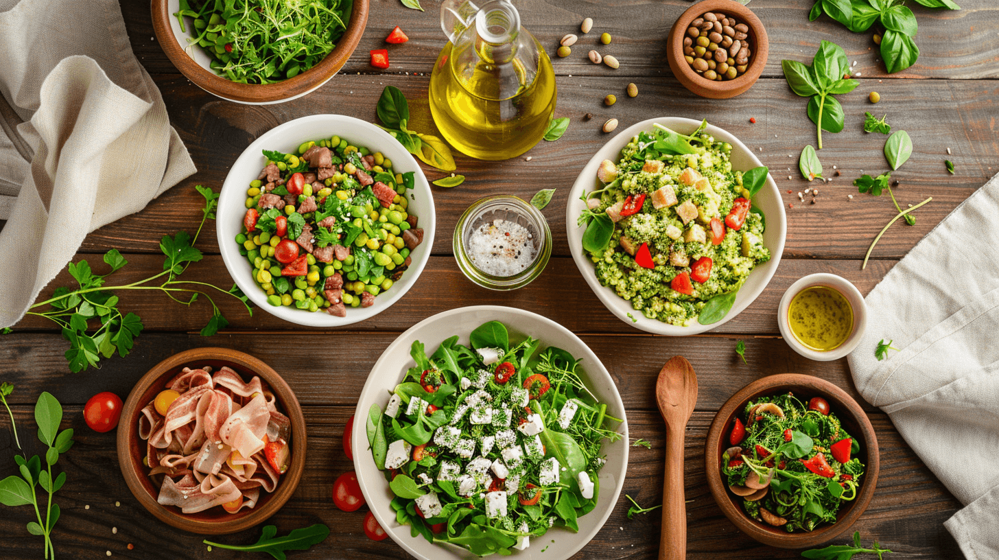 Koolhydraatarme salades met verse groenten en eiwitrijke toppings