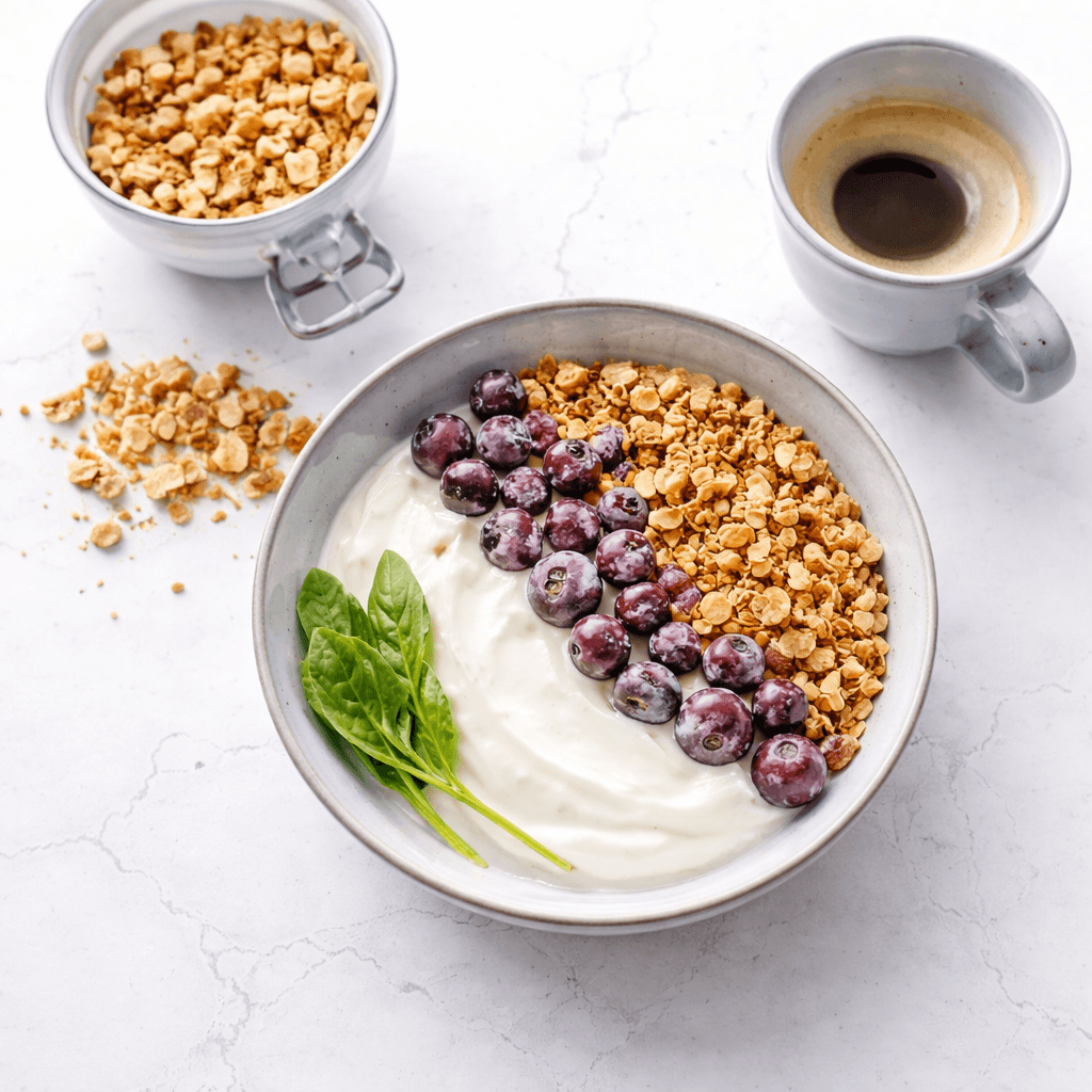 Bowl met zelfgemaakte granola, Griekse yoghurt en verse blauwe bessen op een witte ondergrond, met een kopje koffie op de achtergrond — koolhydraatarm ontbijt