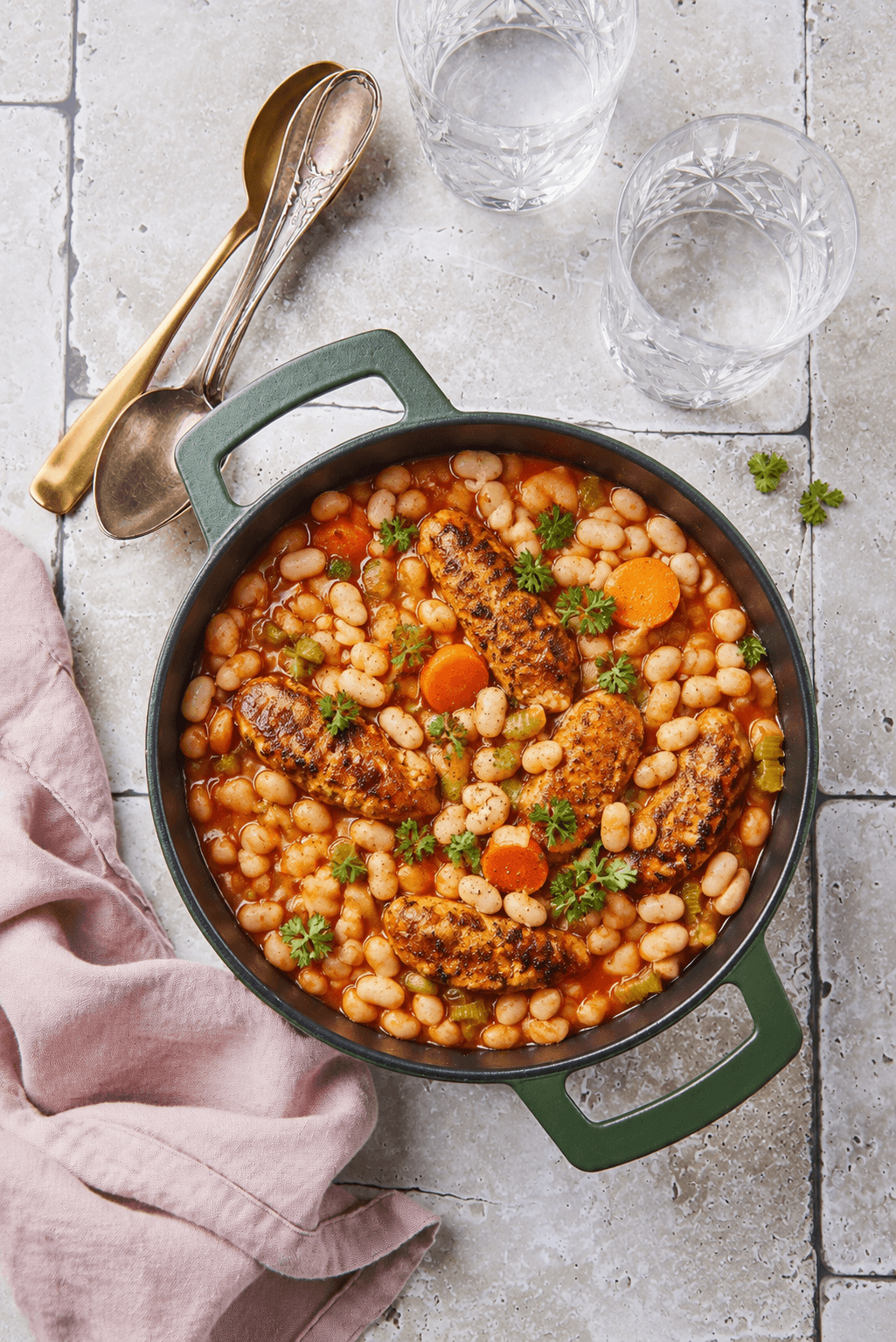Warme cassoulet met kipfilet, witte bonen en groenten in een hapjespan, gegarneerd met verse peterselie