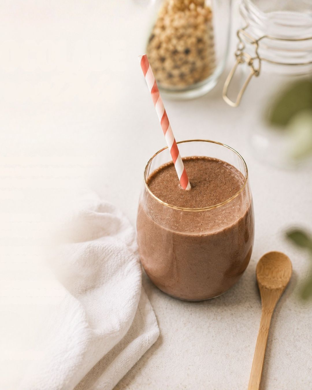 Romige chocolade smoothie in een aardewerken beker bestrooid met kaneel — koolhydraatarm vegan ontbijtrecept zonder toegevoegde suikers