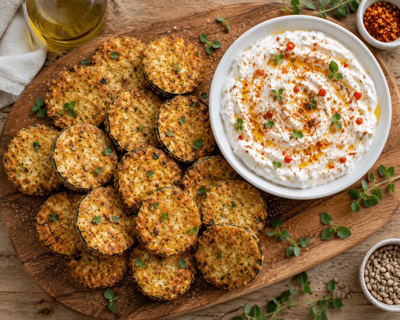 Goudbruine courgetteschijfjes met amandelmeel korst naast een witte yoghurt feta spread met rode chili en oregano, mediterraanse zomerstyling