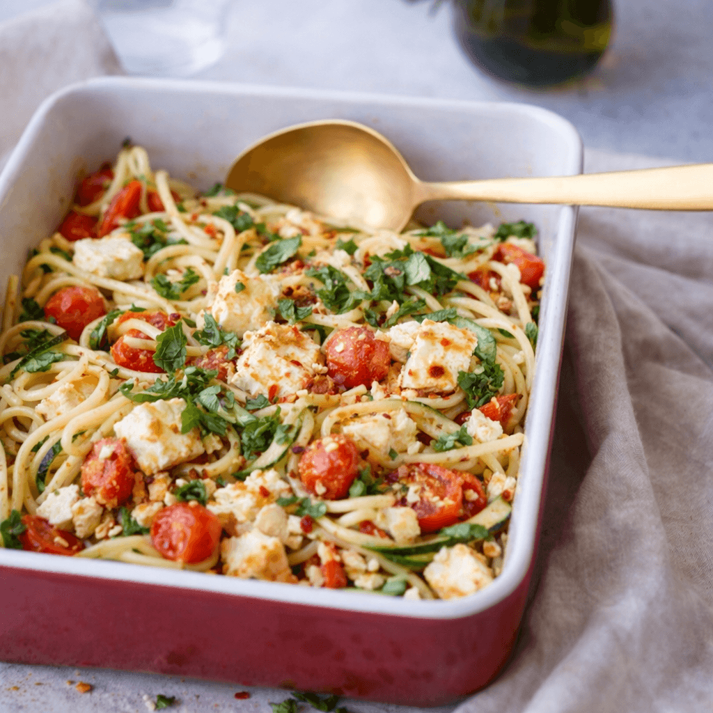 Gebakken feta met cherrytomaatjes en courgette spaghetti in een ovenschaal — koolhydraatarm recept van Makkelijk Afvallen