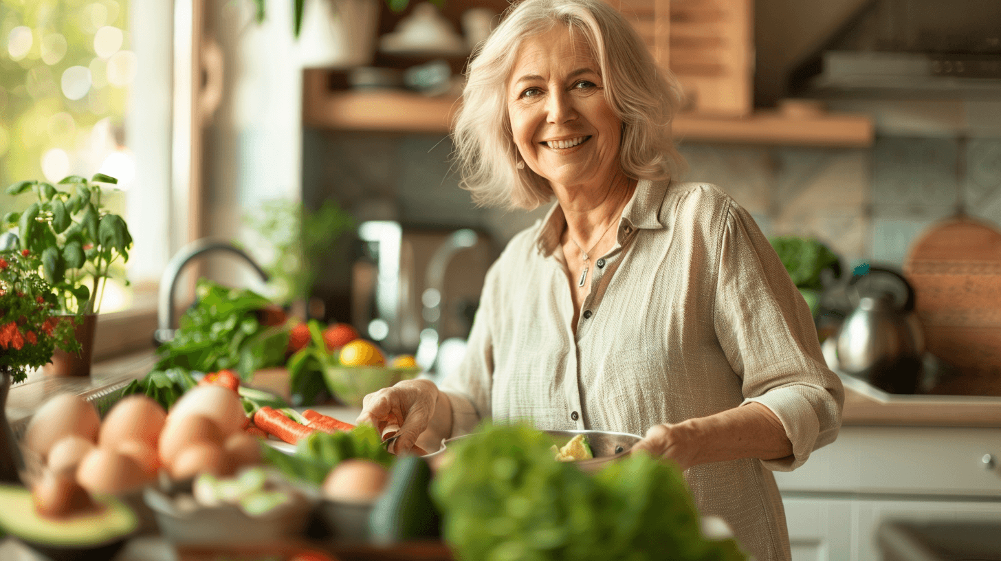 Vrouw bereidt een maaltijd met verse groenten in de keuken