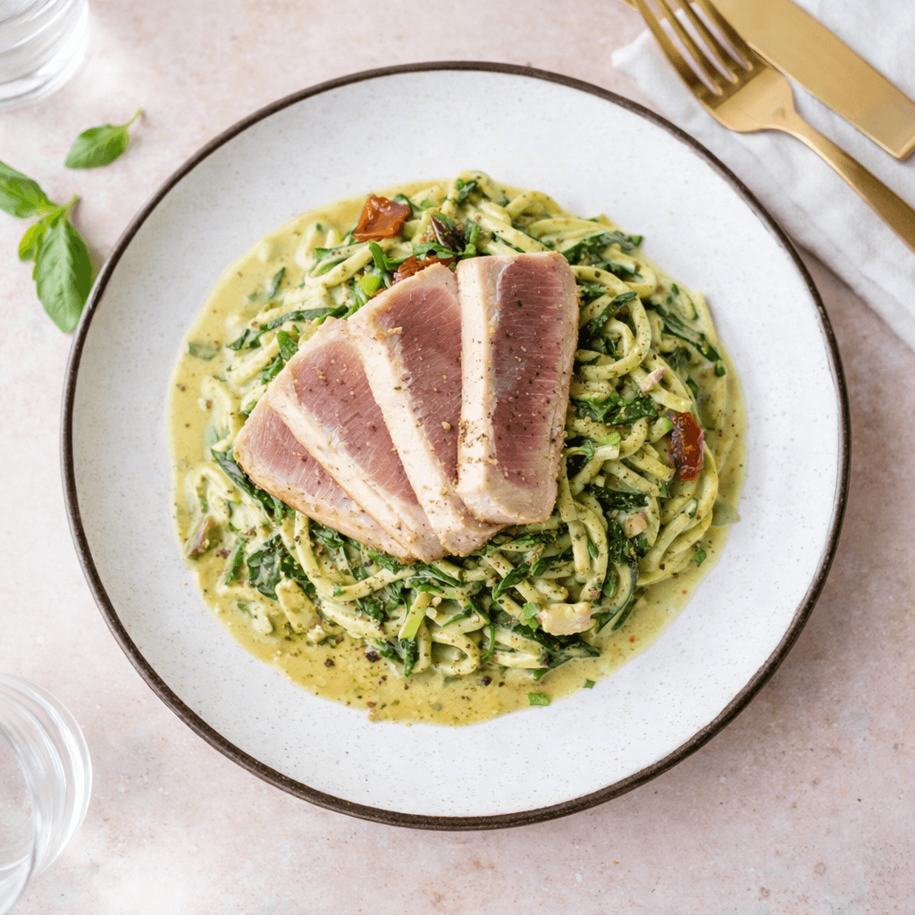 Dichtgeschroeide tonijnsteak op groene courgetti met pesto en spinazie — koolhydraatarm recept van Makkelijk Afvallen