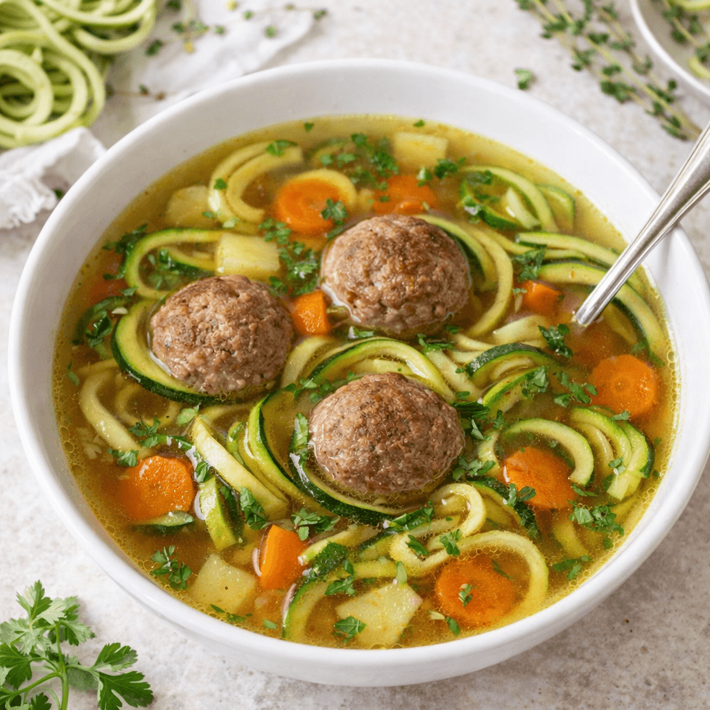 Groentesoep met courgetti en vegetarische balletjes in een witte kom — koolhydraatarme lunchsoep van Makkelijk Afvallen