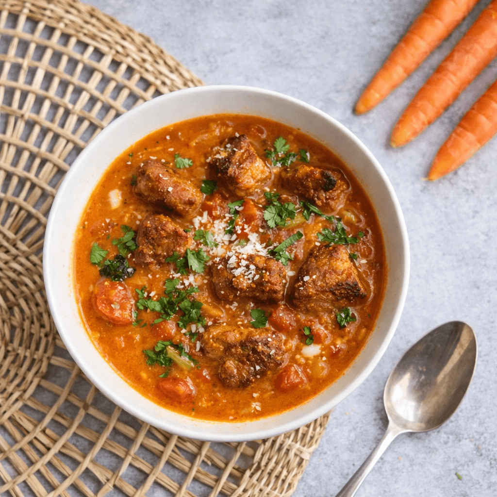 Romige Indiase tomaat-kokossoep met kipblokjes en verse koriander in een kom — koolhydraatarm dinnerrecept voor 4 porties