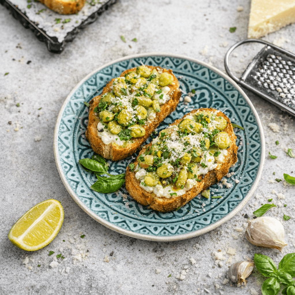 Italiaanse bruschetta met tuinbonen, verse munt en Parmezaanse kaas op een koolhydraatarme boterham — koolhydraatarm lunchrecept