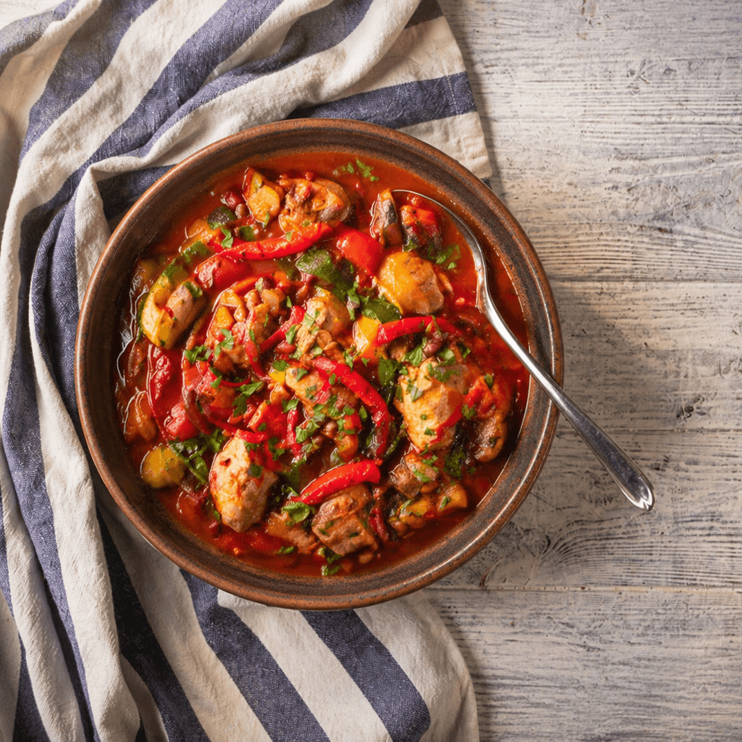 Kip chili met kidneybonen, rode paprika en verse koriander in een witte kom — bloedsuikervriendelijk recept van Makkelijk Afvallen
