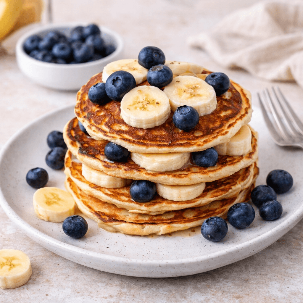 Luchtige kokospannenkoeken met verse banaan en blauwe bessen — glutenvrij, koolhydraatarm en klaar in 20 minuten. Een tropisch ontbijt zonder toegevoegde suikers.