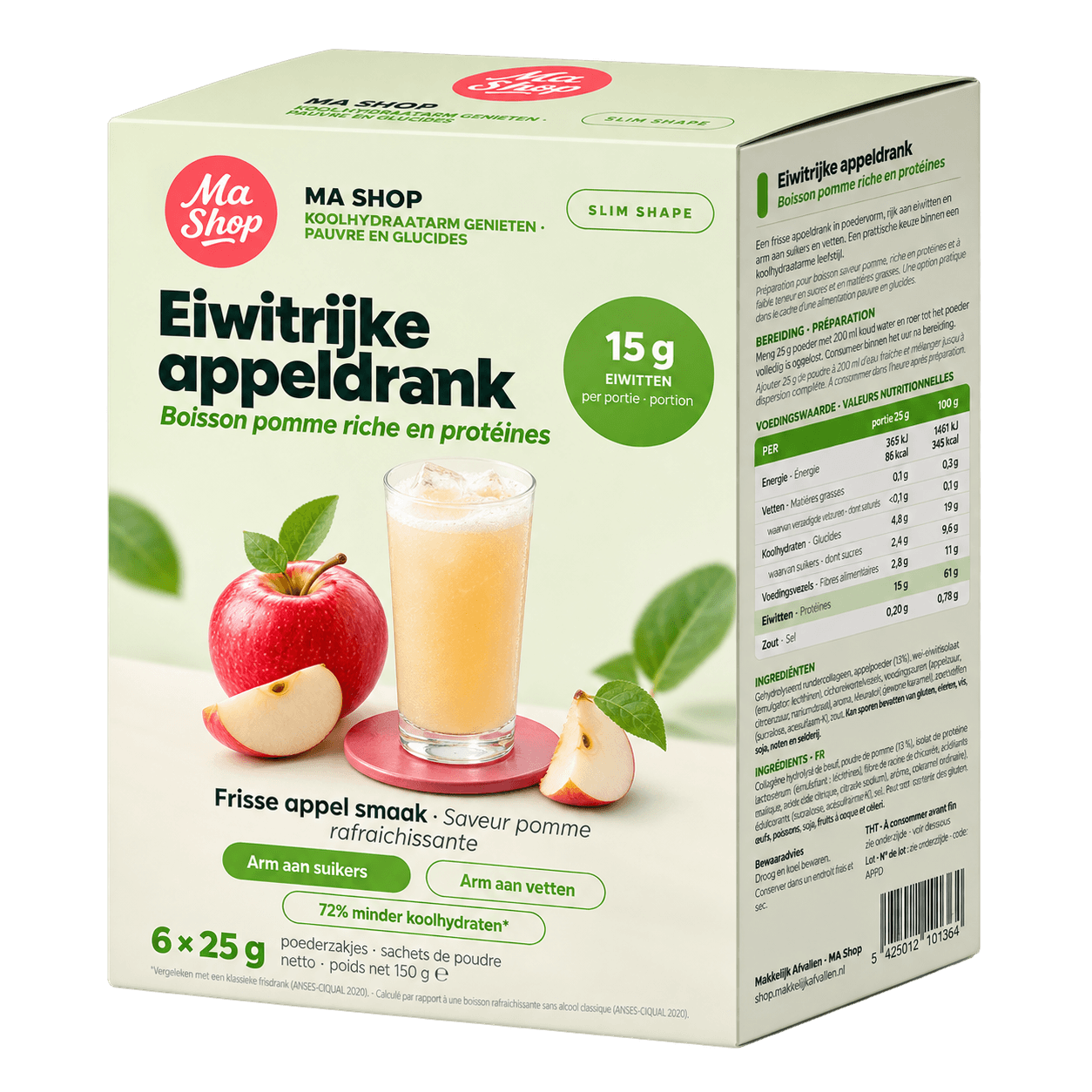 Eiwitrijke Appeldrank met collageen - MA Shop, 15g eiwit per portie, 6x25g poederzakjes