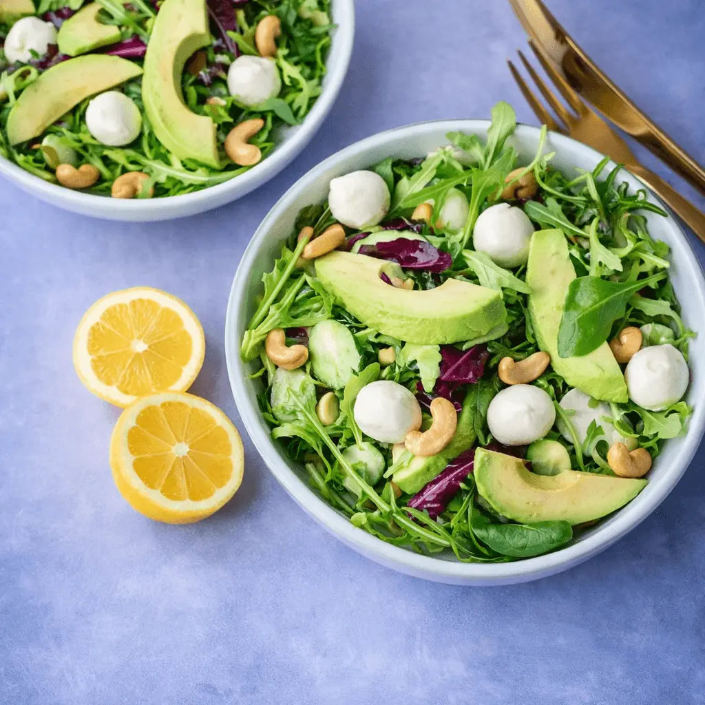Close-up avocado reepjes met mini mozzarella in salade