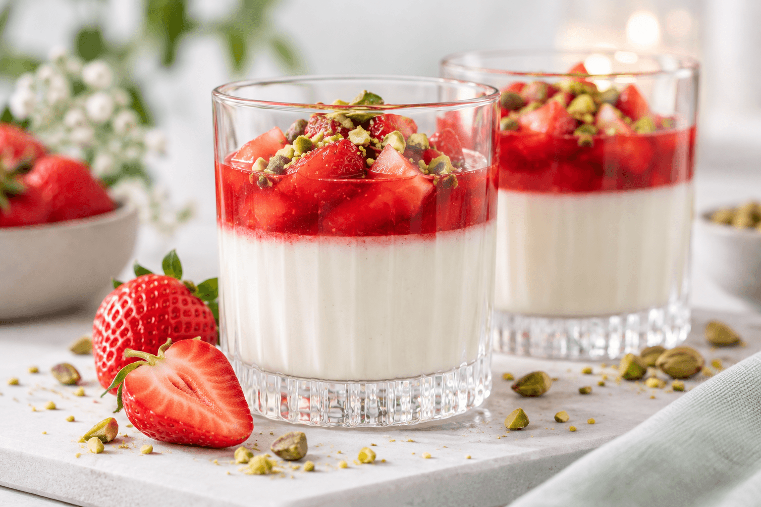 Panna cotta met pistachenoten, slagroom en verse aardbeien, koolhydraatarm Italiaans dessert