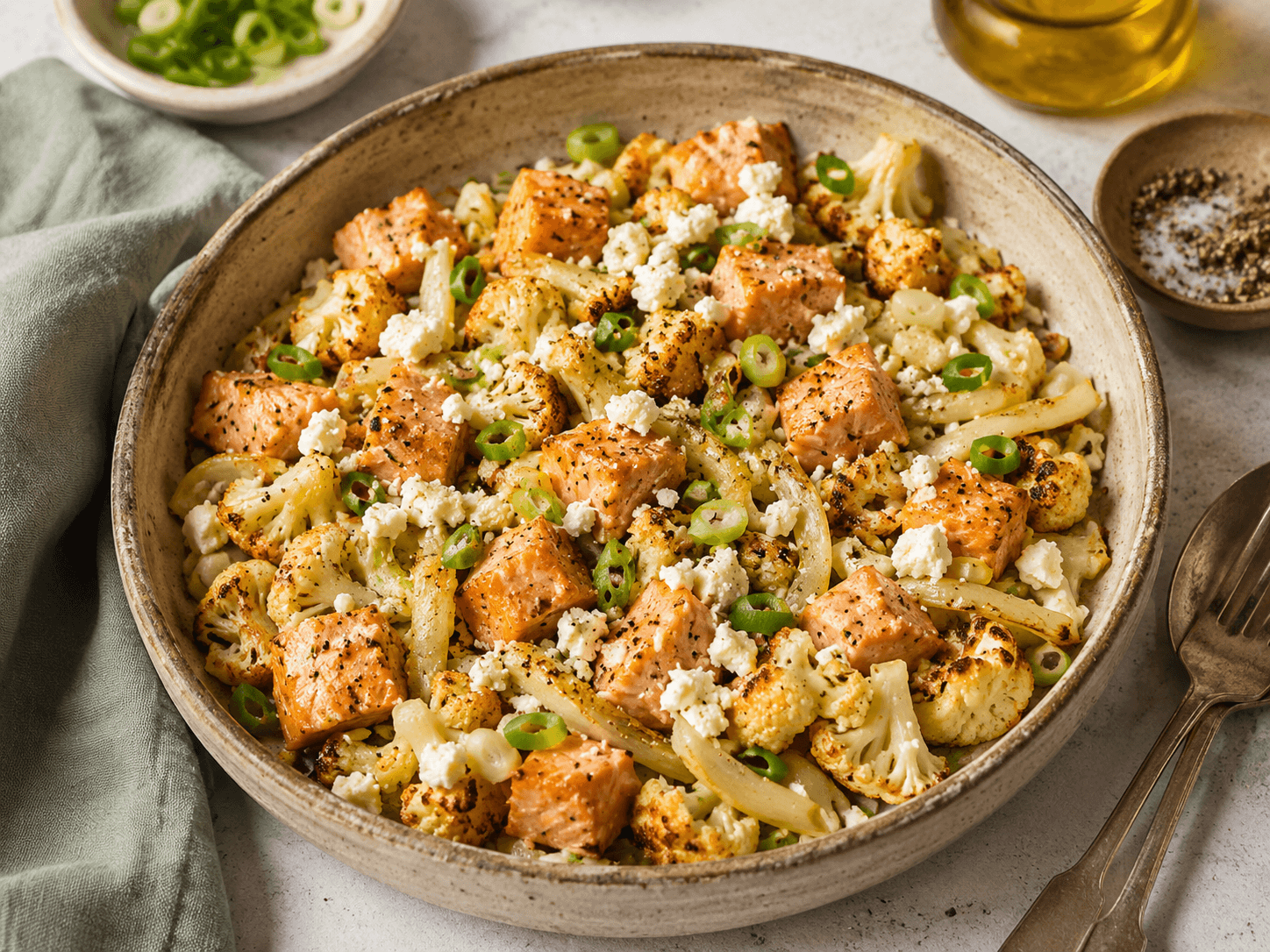 Geroosterde zalmfilets met bloemkoolroosjes, verkruimelde feta en verse basilicum in een grijze kom — koolhydraatarm dinerrecept met 41g eiwitten