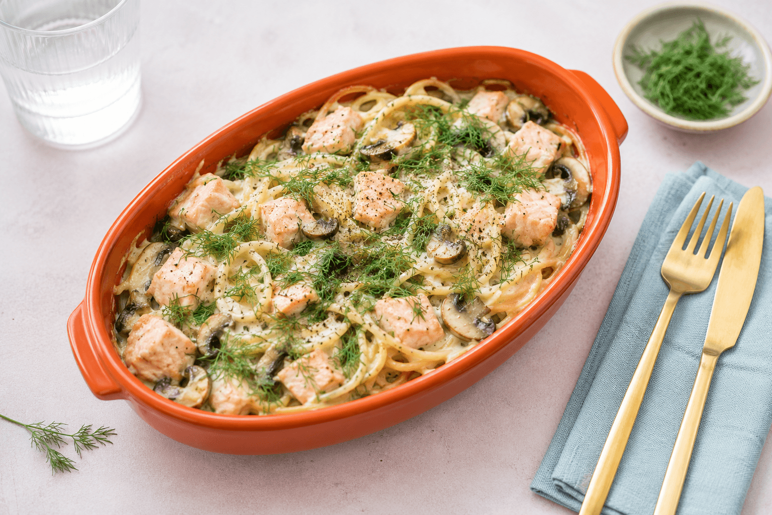 Romige zalmpasta met champignons, witlof en dille in een rode ovenschaal