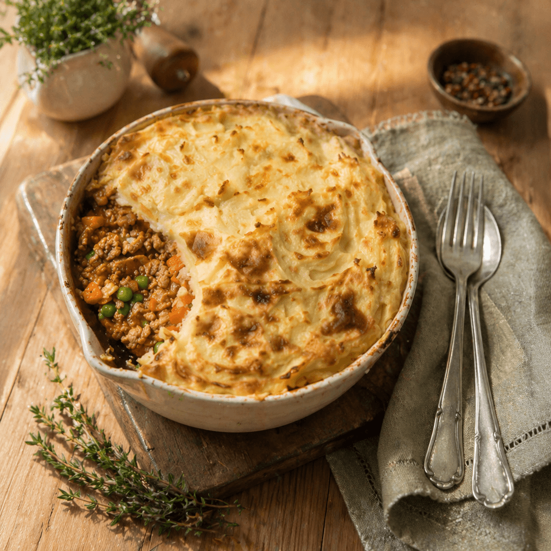 Shepherd's pie met rundergehakt en goudbruine koolraappuree in een gietijzeren pan — koolhydraatarm recept van Makkelijk Afvallen