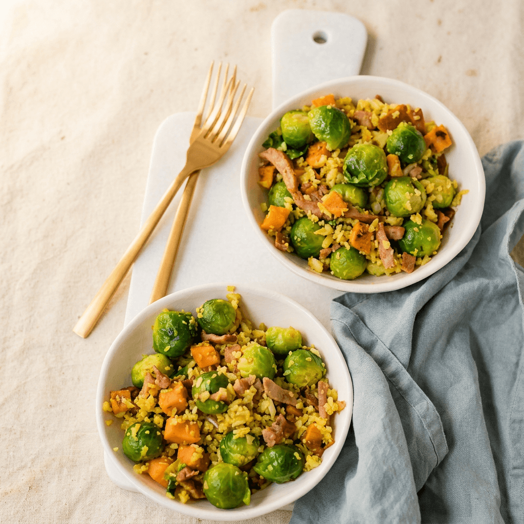 Spruitjeswok met krokante kalkoenspekjes, zoete aardappel en bloemkoolrijst in een witte kom — koolhydraatarm recept van Makkelijk Afvallen