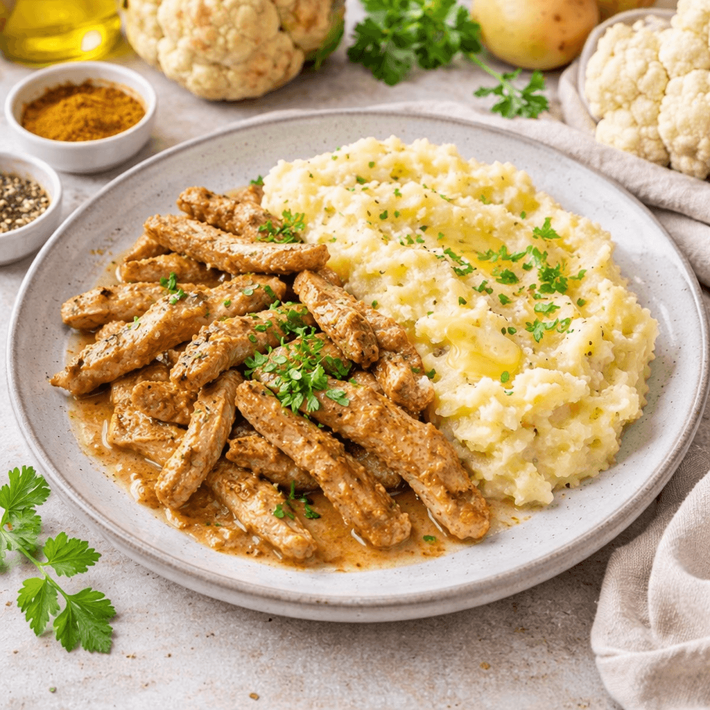 Gegrilde varkensfiletreepjes met knolselderpuree en kerriebloemkool op een bord — koolhydraatarm recept van Makkelijk Afvallen