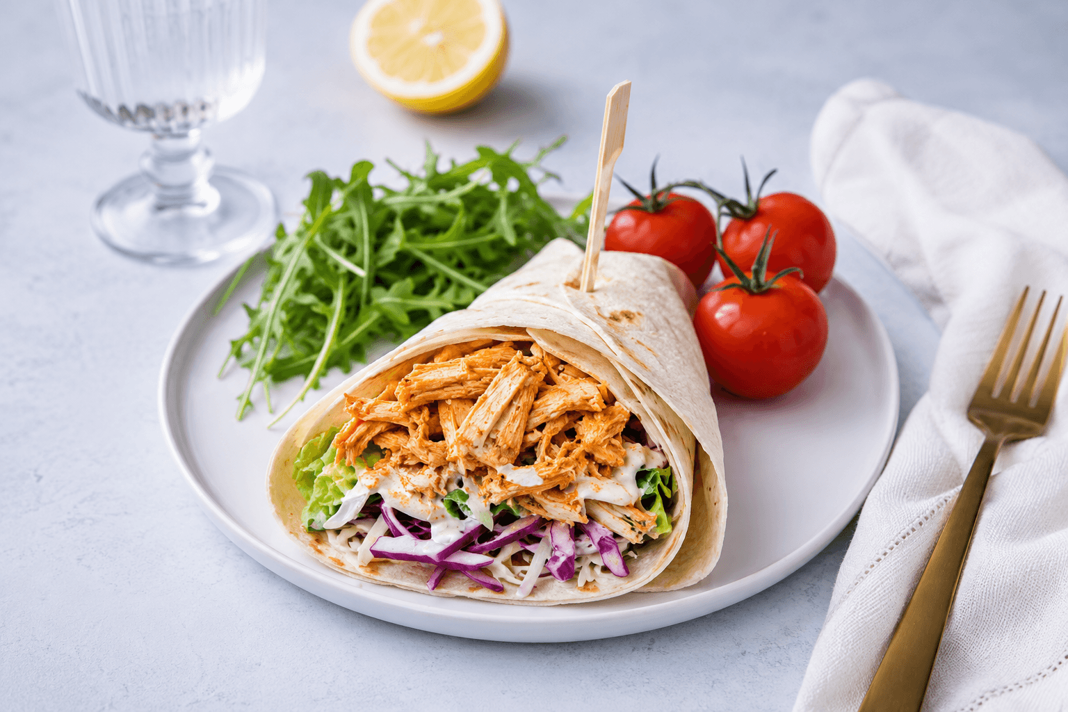 Vega caesar wraps met jackfruit en coleslaw op een bord met tomaten en rucola