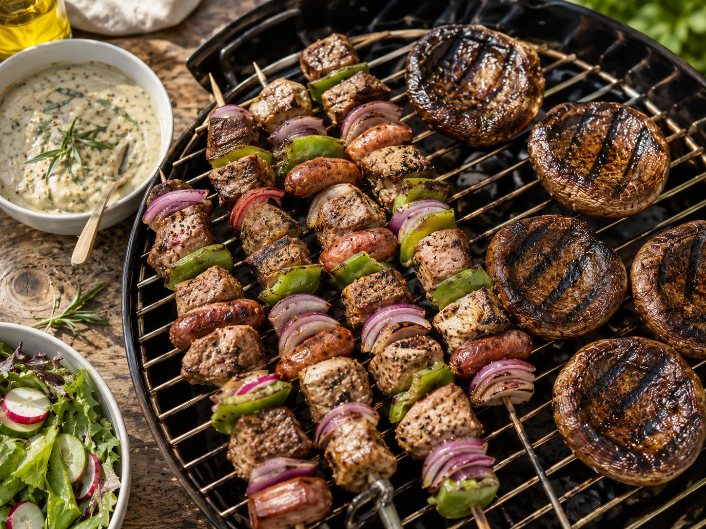 Gemengde vleesbrochettes met paprika, ui en champignons op de BBQ-grill, geserveerd met dragon-mosterd saus