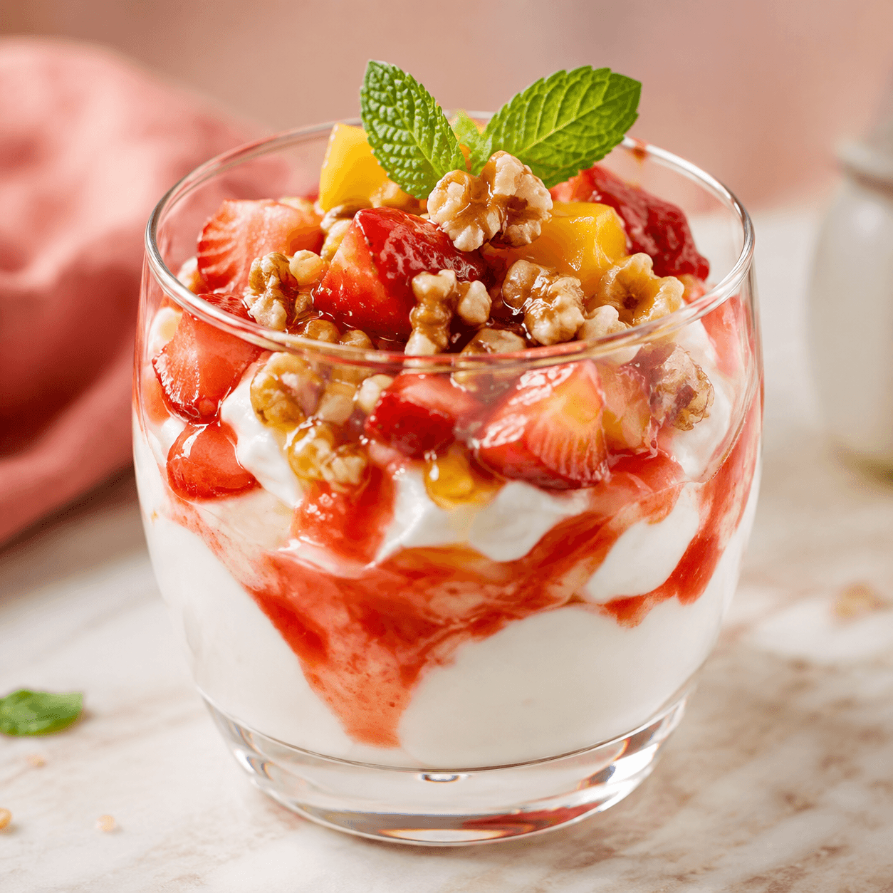 Gezonde yoghurt-sundae met Griekse yoghurt, aardbeien, mango en walnoten in een glas