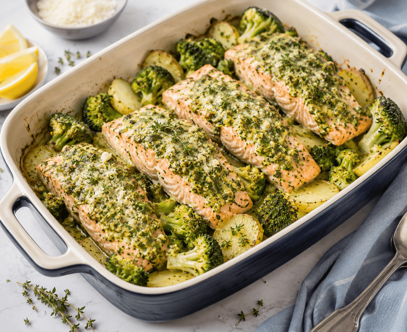 Koolhydraatarme ovenschotel met wilde zalm, geroosterde broccoliroosjes en aardappelschijfjes bedekt met een kruidenkruste van pesto en Parmezaanse kaas
